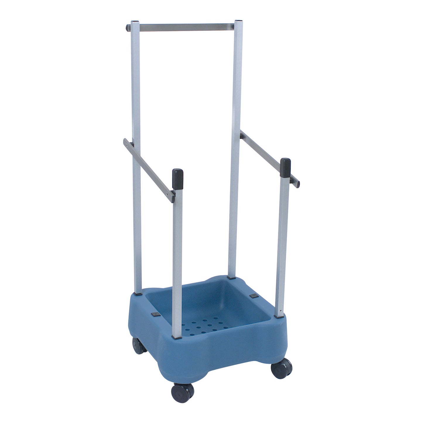 The Allen Shoulder Chair Cart is a blue and silver wheeled cart with an elevated handle, designed to transport shoulder chairs.