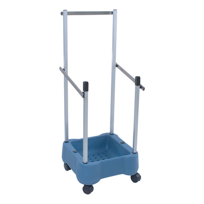 The Allen Shoulder Chair Cart is a blue and silver wheeled cart with an elevated handle, designed to transport shoulder chairs.
