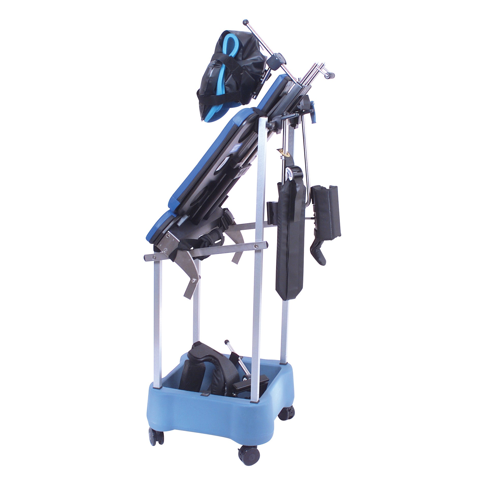 Allen Shoulder Chair Cart with a padded backrest, adjustable straps, and support accessories, designed for medical use and mobility.