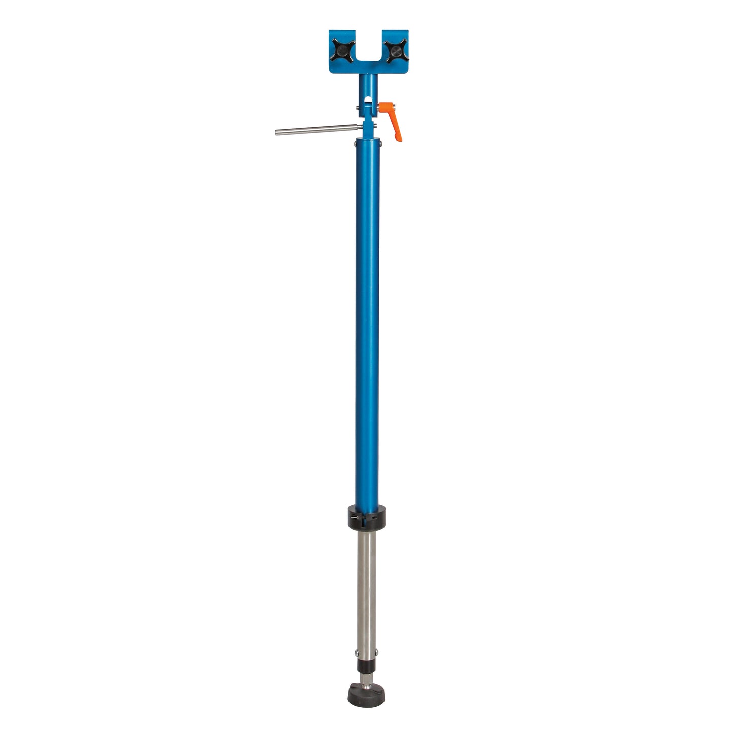A blue and silver AliMed Pneumatic Hand Table Leg with an adjustable height mechanism and an orange lever for adjustment.
