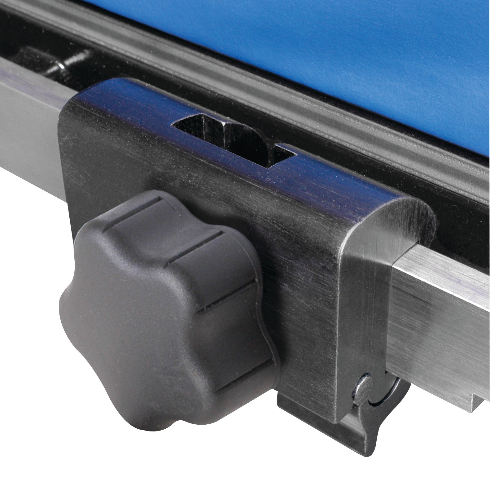 Close-up of an Allen Easy-Lock Blade Clamp with a black textured knob on a metal frame, used for securing blades.