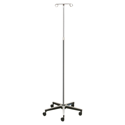 Lakeside Standard-Duty Four-Leg Health IV pole with a chrome finish and two hooks, featuring a stable four-leg rolling base.