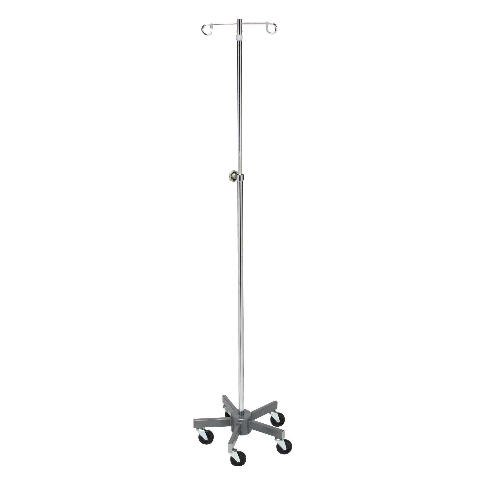 Lakeside Space-Saver Five-Leg Healthcare IV Pole with adjustable height, two hooks, and a wheeled base for mobility.