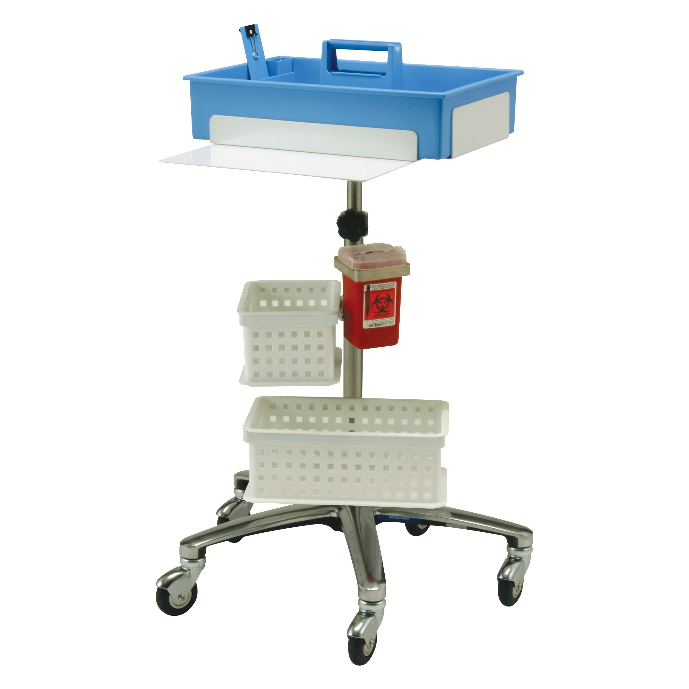 Replacement Phlebotomy Tray for Workstation Phlebotomy Cart with blue tray, two white baskets, and a red biohazard container on wheels.
