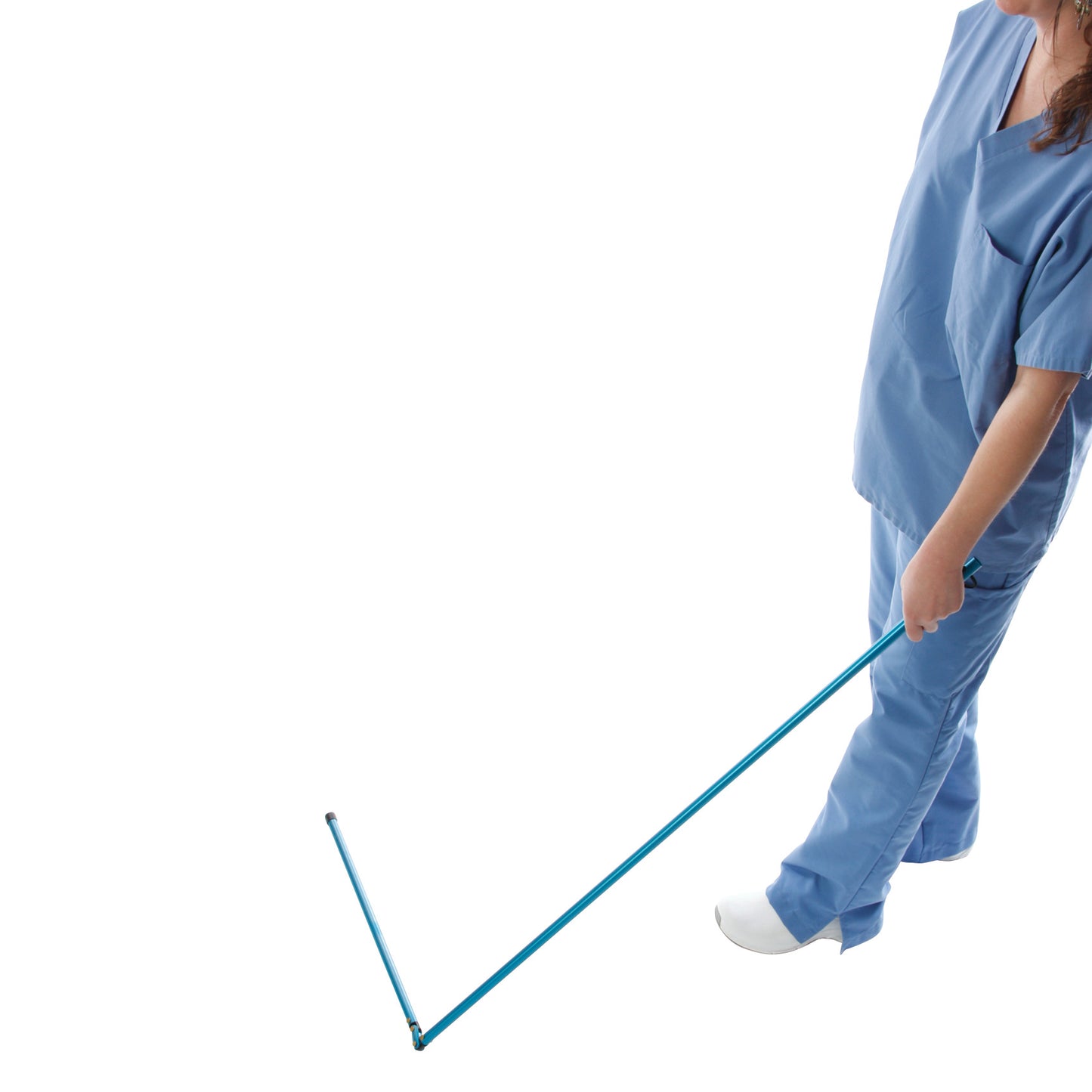 A person in blue medical scrubs uses an AliMed Low-Profile Magnetic Needle Finder, holding a blue pole on a white background.
