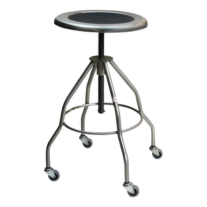 A Blickman Clifton Revolving Stool with a metal frame, four wheeled legs, and an adjustable height mechanism.