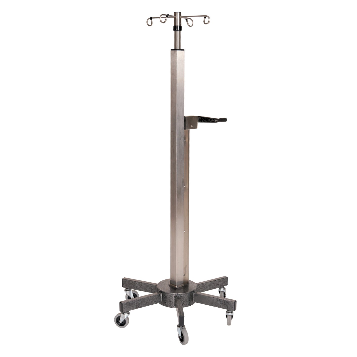 Lift Assist IV Pole with a rectangular metal base, four hooks on top, and five rolling casters for easy maneuverability.