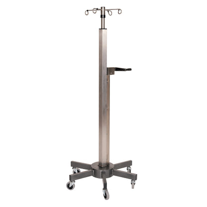 Lift Assist IV Pole with a rectangular metal base, four hooks on top, and five rolling casters for easy maneuverability.