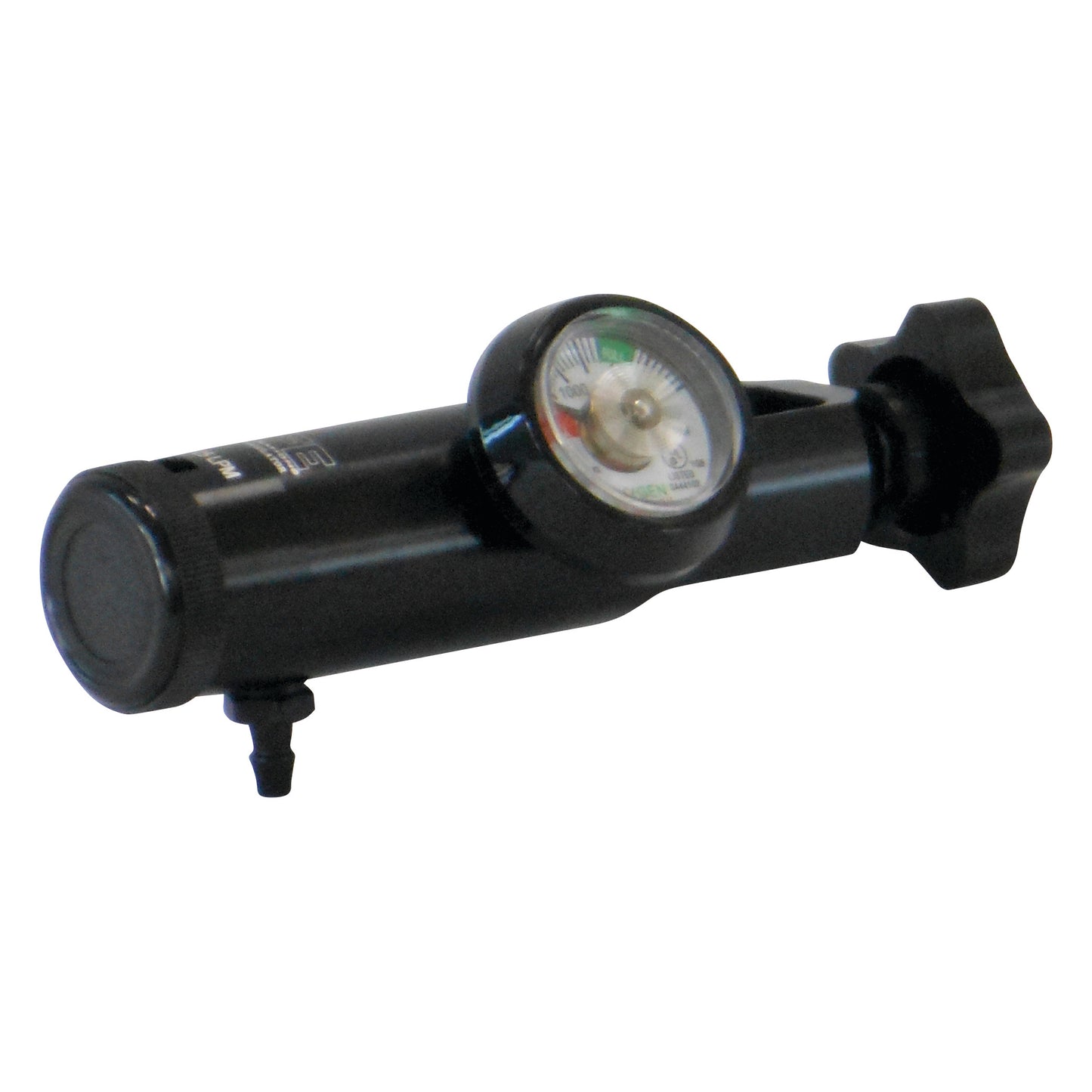 The LIFE 870-025-1 Oxygen Regulator is a black cylindrical device with a pressure gauge and adjustment knob.