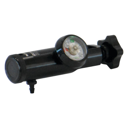 The LIFE 870-025-1 Oxygen Regulator is a black cylindrical device with a pressure gauge and adjustment knob.