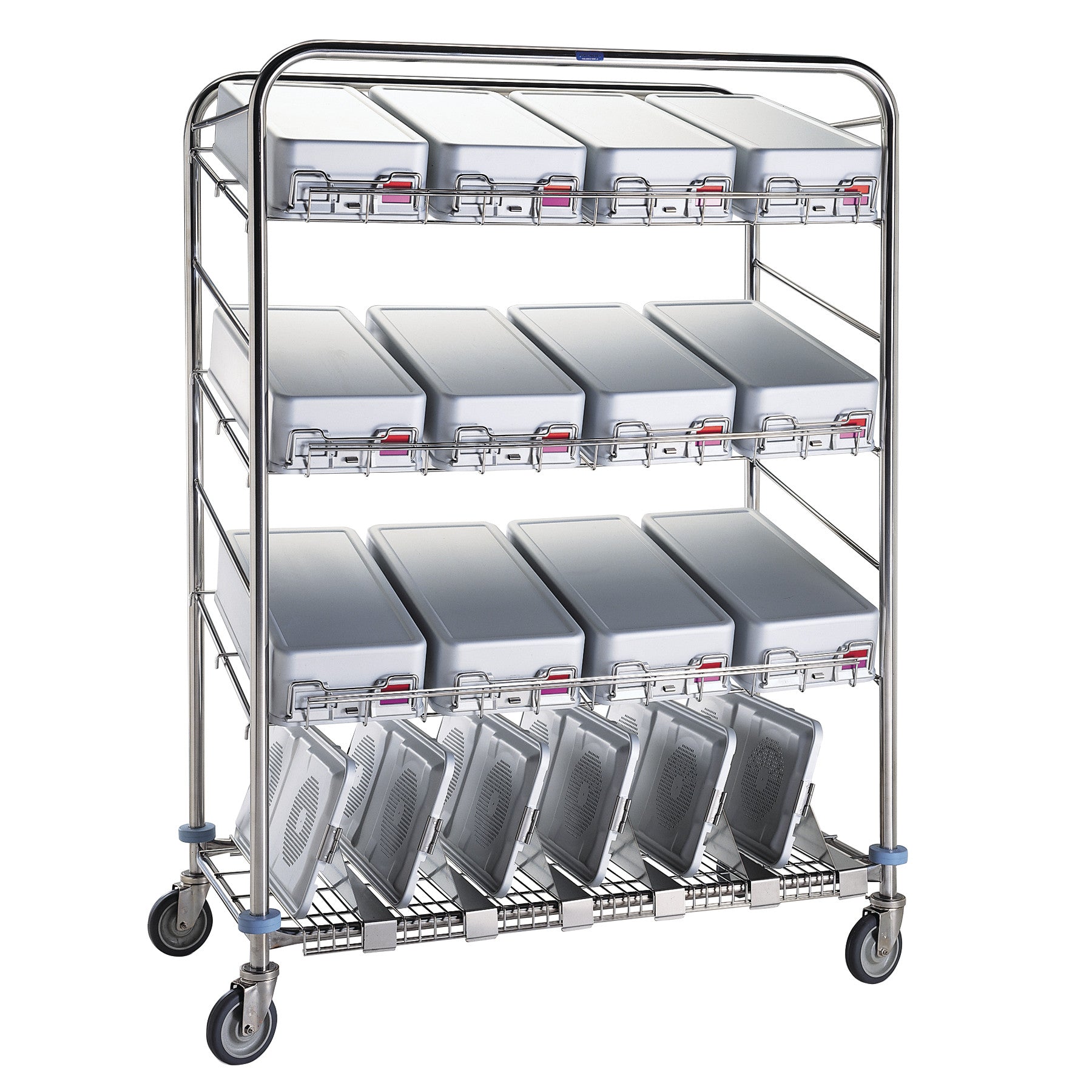 Pedigo Wash Cart with four shelves holding metal trays securely in place, featuring a sturdy metal frame and caster wheels.