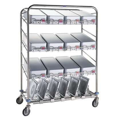 Pedigo Wash Cart with four shelves holding metal trays securely in place, featuring a sturdy metal frame and caster wheels.