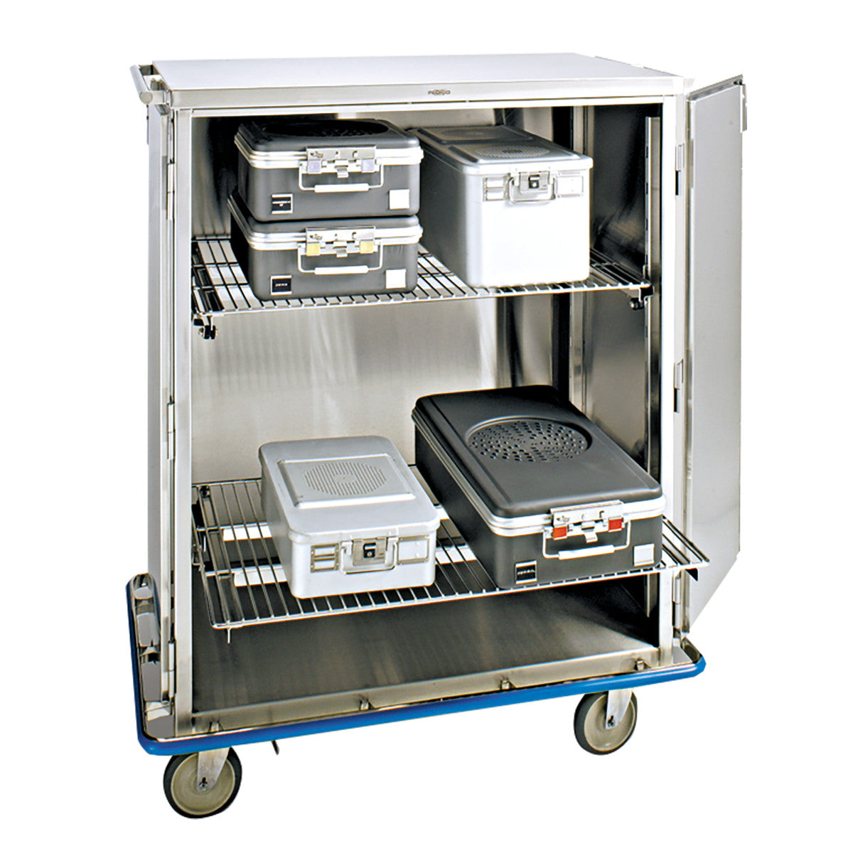 A Pedigo Surgical Case Cart with open doors showing medical storage containers on its wire shelves and four wheels at the base.