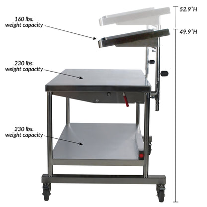 Stainless steel Pedigo Space Station with adjustable top (160 lbs capacity), two shelves (230 lbs each), and height 49.9"-52.9".
