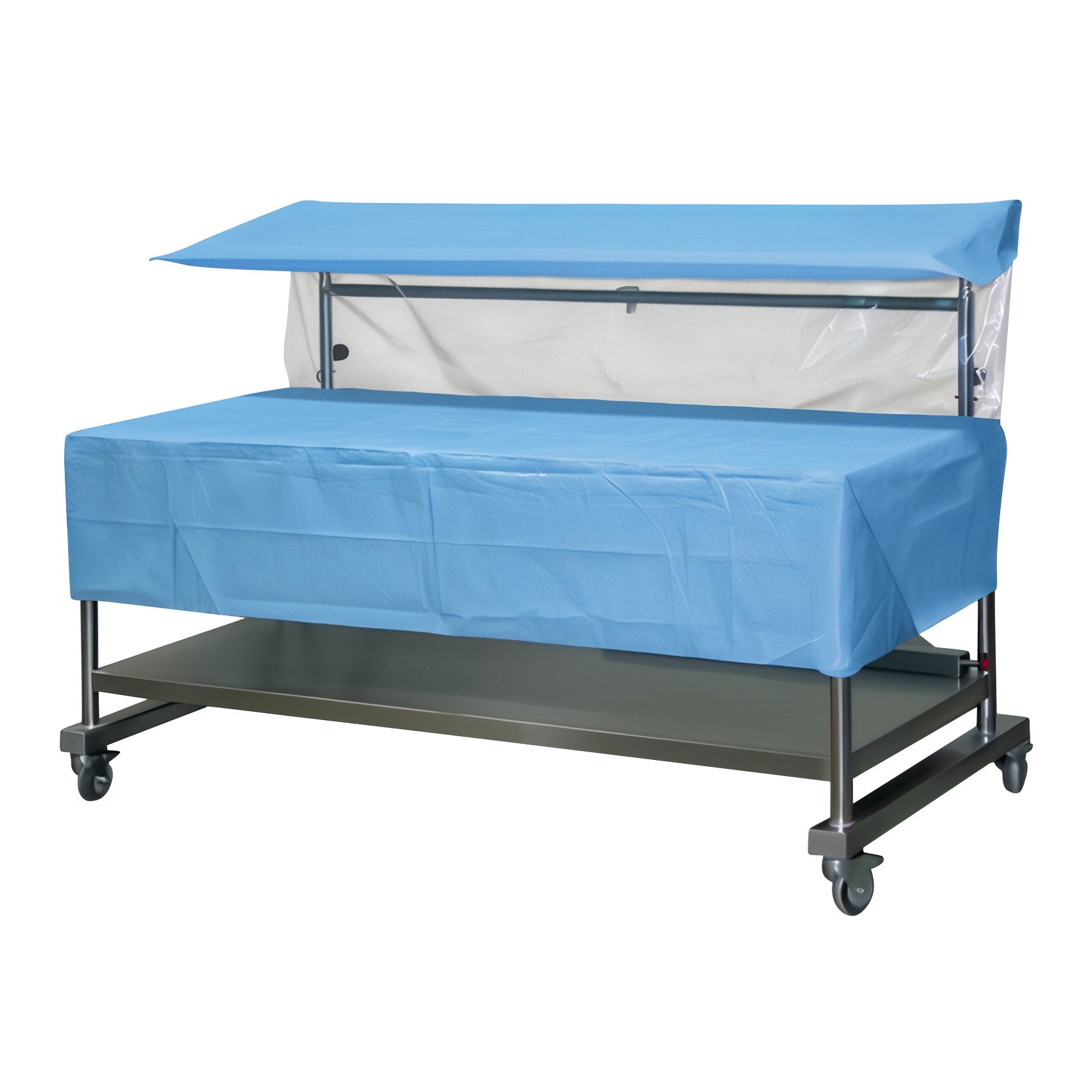 Disposable Table Drape for Pedigo Space Station covers a wheeled table with a partially transparent top section and blue draping.