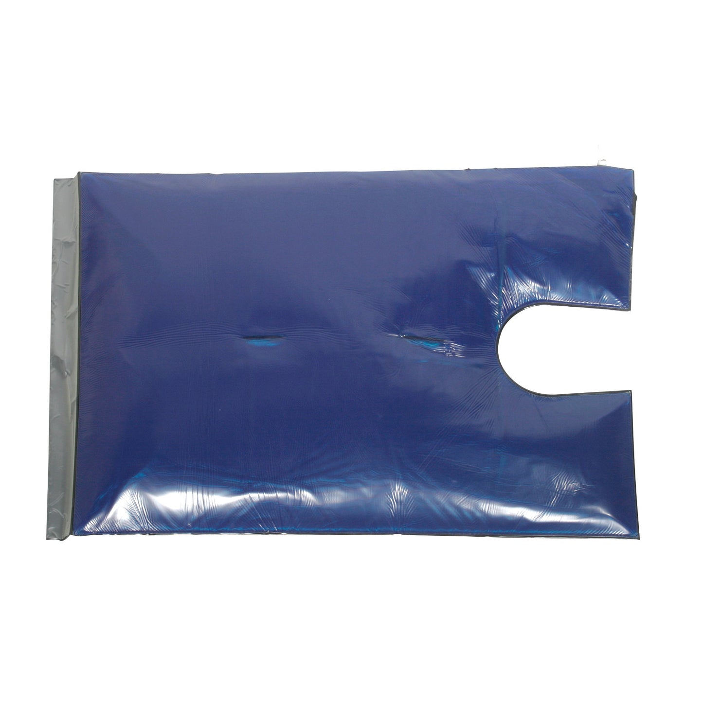 AliMed Gel Bean Bag Positioner with Cutout is blue, rectangular, with a cutout on one side and a silver edge for positioning support.