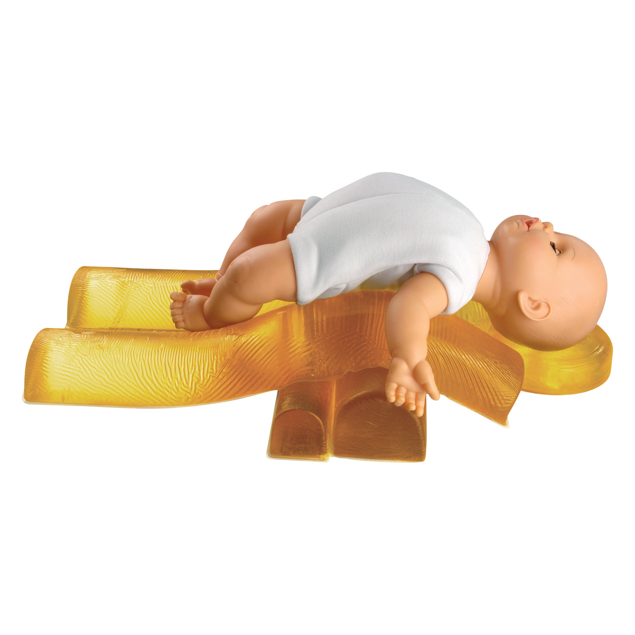 A baby doll in a white outfit is positioned on the AliMed AliGel Pediatric Positioning Set, which is yellow and textured.