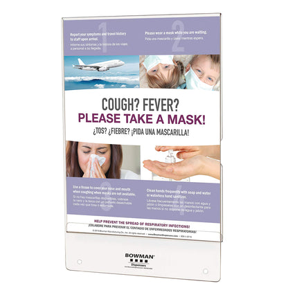 Clear PETG Sign Holder for Bowman Hygiene Centers with instructions to wear masks, use tissues, and sanitize hands.