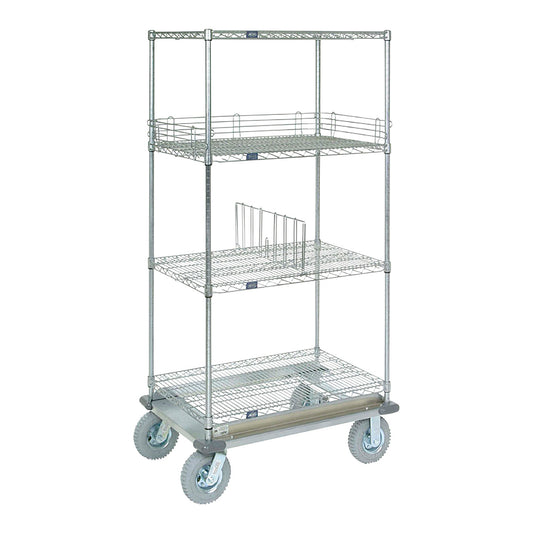 Nexel Dolly Truck with three-tier metal wire shelves and four large rubber wheels for easy mobility and storage.