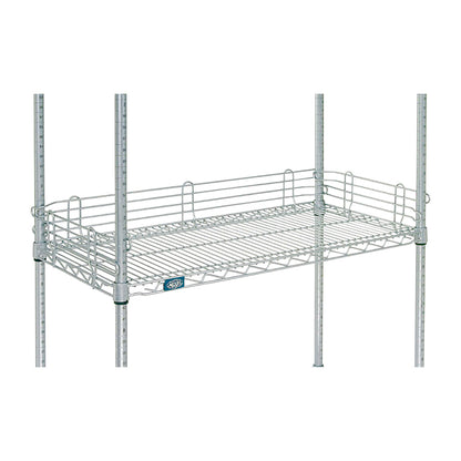 A metal wire shelf with a Nexel Chrome Ledge, designed with raised edges for secure storage and supported by adjustable poles.