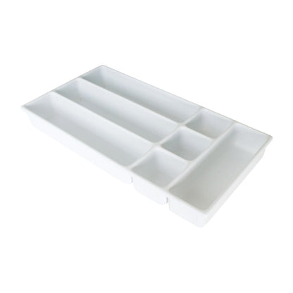 Harloff Medical Cart Accessory: 7-Compartment Drawer Tray, featuring a white plastic tray with various sized compartments.