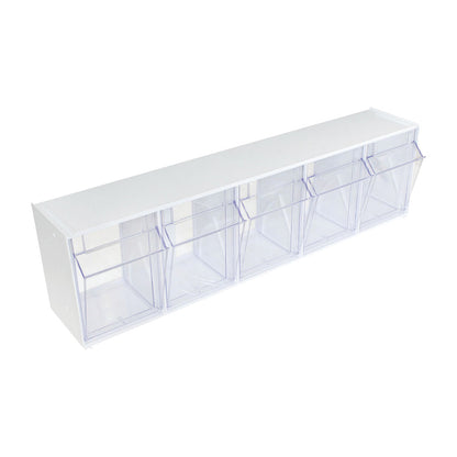 Harloff Medical Cart Accessory: 5-Compartment Tilt Bin with a white frame and clear bins for storage and organization.