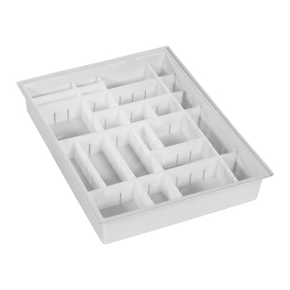 Harloff Mini Cart Accessory: Premium Drawer Tray Kit with 12 Dividers is a gray tray with multiple compartments for organizing items.