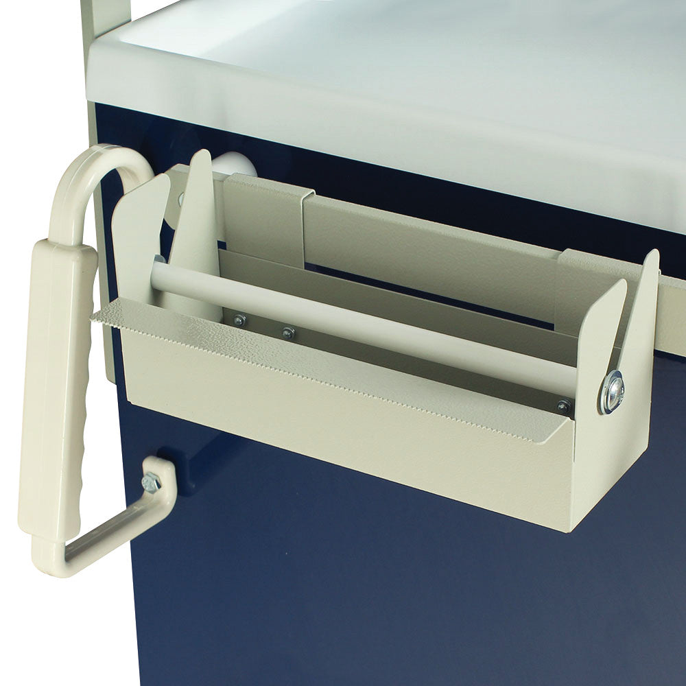 The Harloff Medical Cart Accessory: Tape and Label Dispenser is mounted on a cart with a handle, featuring a serrated edge.