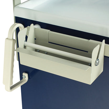 The Harloff Medical Cart Accessory: Tape and Label Dispenser is mounted on a cart with a handle, featuring a serrated edge.