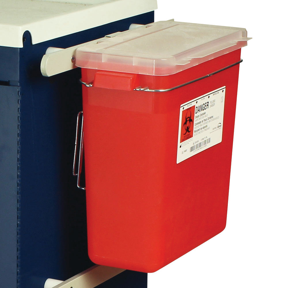 A red Harloff Medical Cart Accessory: Steel Waste Container is mounted on a cart, labeled with a biohazard warning.