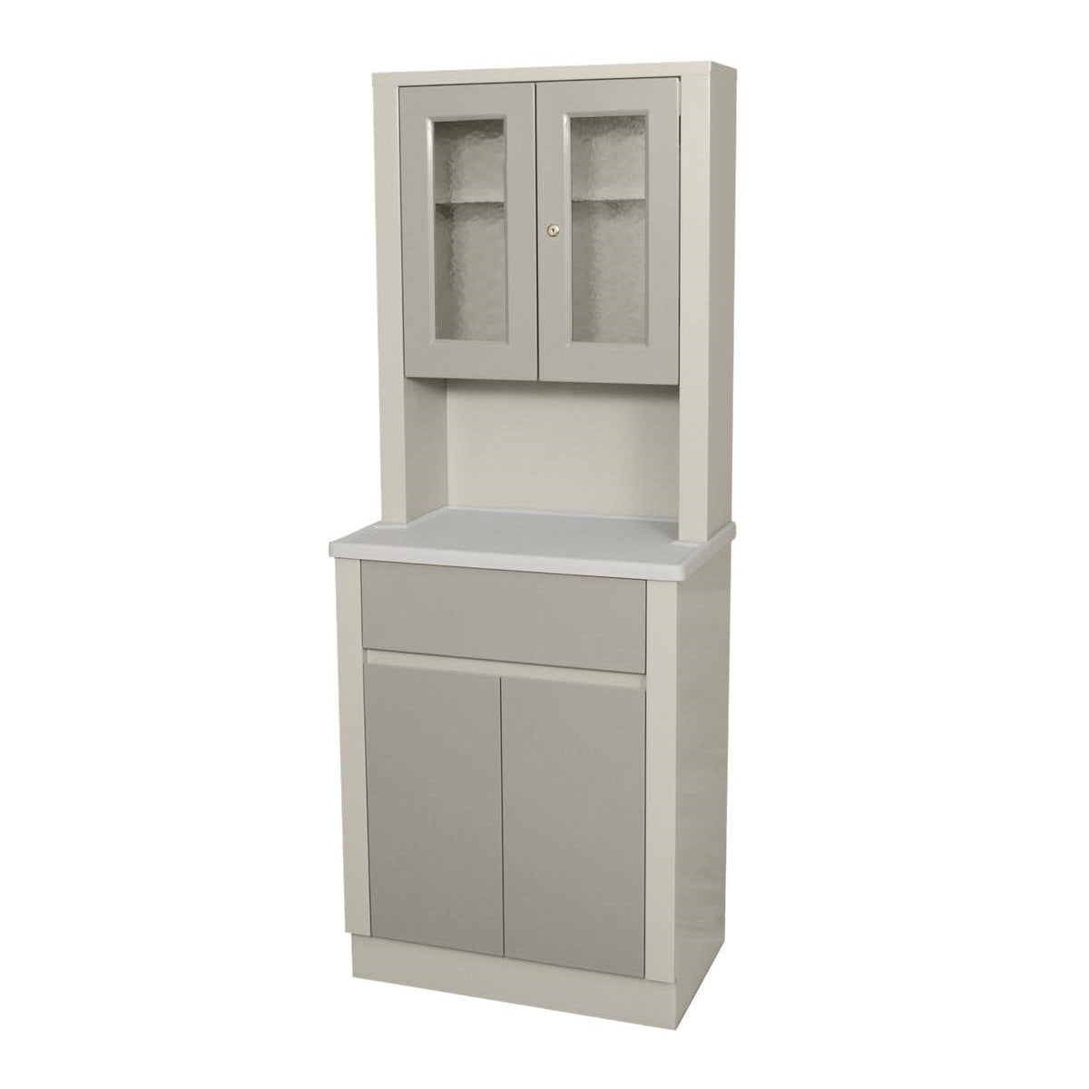 UMF Tall Stationary Treatment Cabinet features upper glass doors, a middle counter space, and lower solid doors, in a light gray finish.