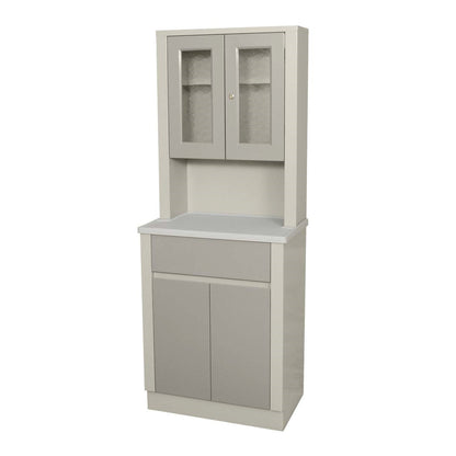 UMF Tall Stationary Treatment Cabinet features upper glass doors, a middle counter space, and lower solid doors, in a light gray finish.
