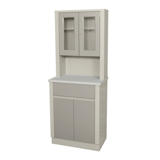 UMF Tall Stationary Treatment Cabinet features upper glass doors, a middle counter space, and lower solid doors, in a light gray finish.