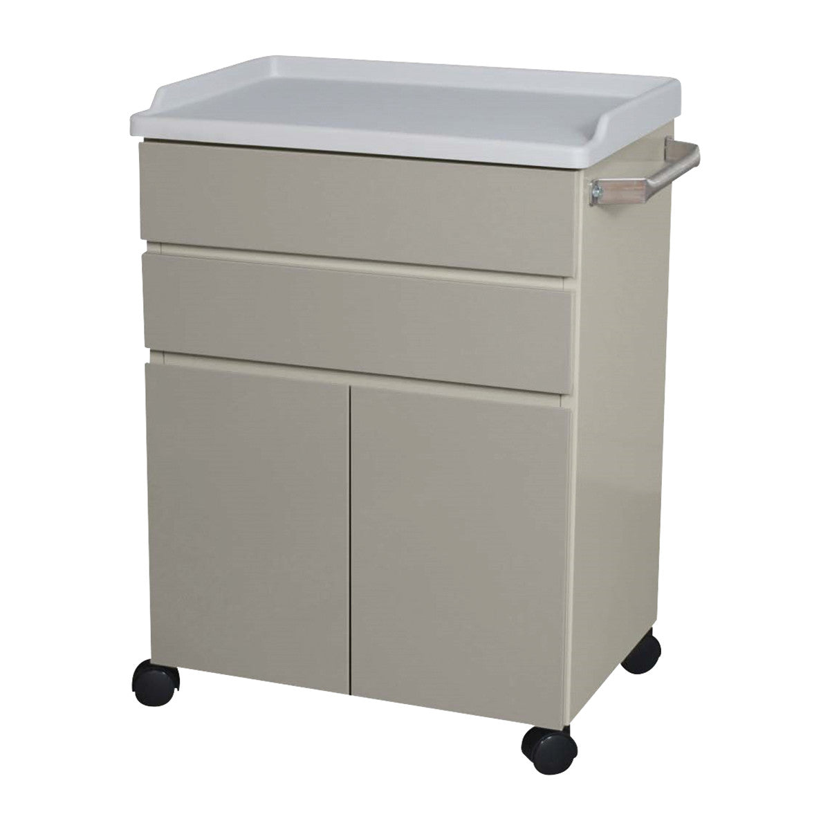 UMF Short Mobile Treatment Cabinet with two drawers, two doors, a white top, side handle, and four caster wheels.
