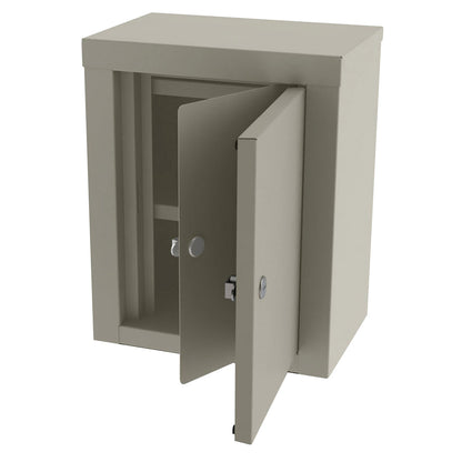 UMF Double-Door Narcotics Storage Cabinet in beige with one door slightly open, revealing a shelf inside.