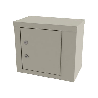 The UMF Single-Door Narcotics Cabinet is a beige, rectangular metal cabinet with a single door featuring two locks.