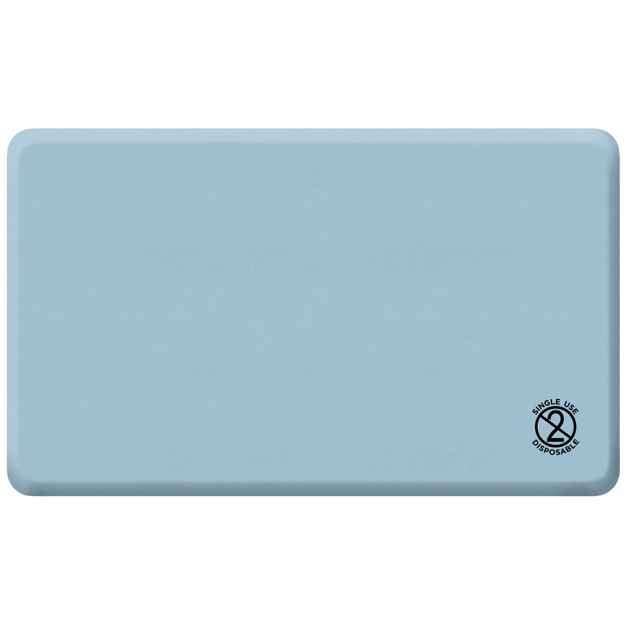Light blue GelPro Disposable Surgical Comfort Floor Mat with rounded corners and a "Single Use Disposable" label.