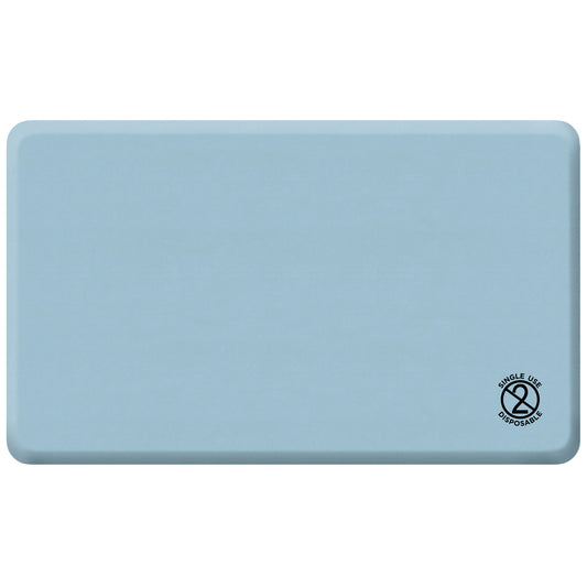 Light blue GelPro Disposable Surgical Comfort Floor Mat with rounded corners and a "Single Use Disposable" label.