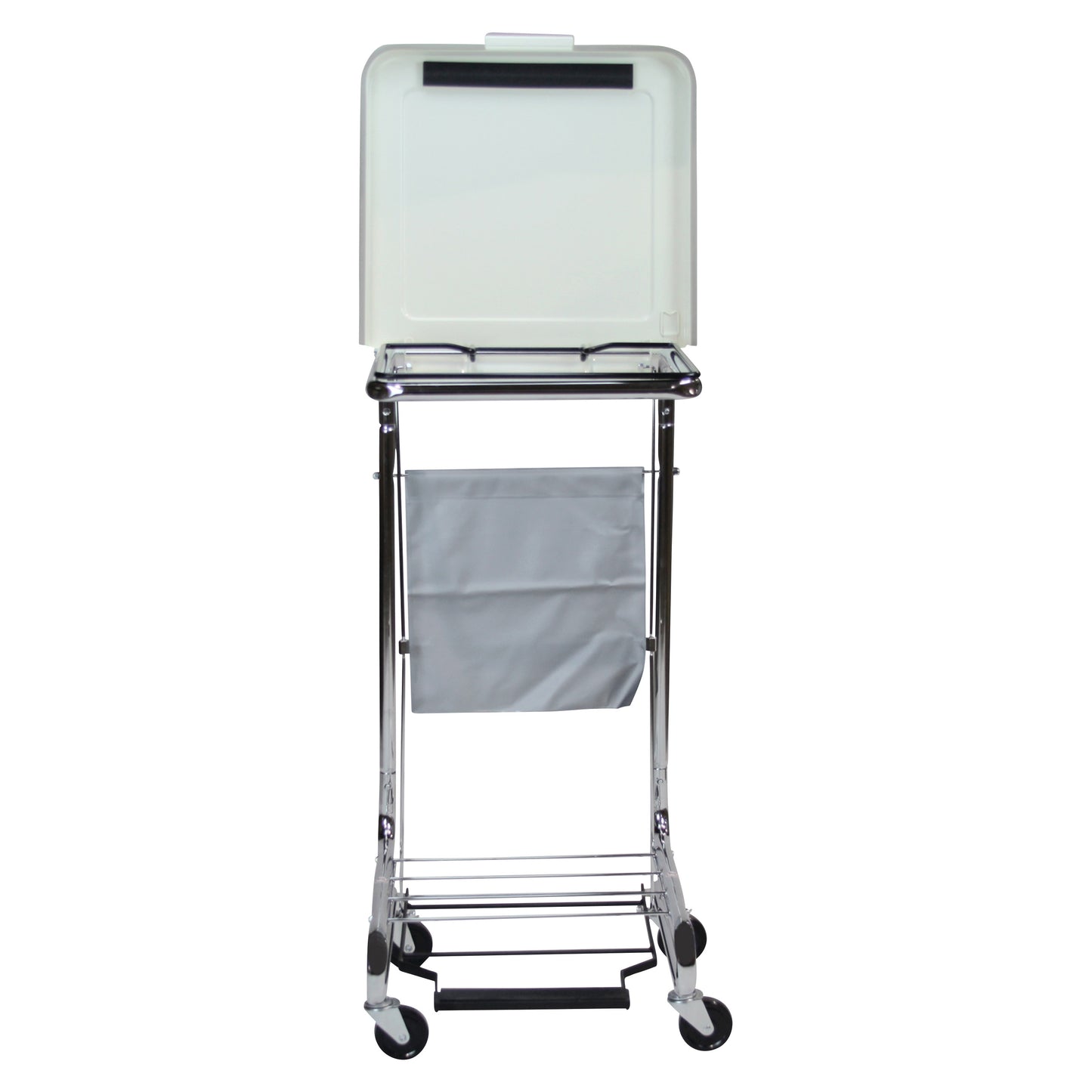 Blickman Secure Care Hamper with Lid, featuring a chrome frame, a gray fabric bag, wheels, and a plastic lid with a handle.