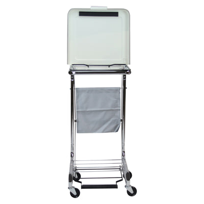 Blickman Secure Care Hamper with Lid, featuring a chrome frame, a gray fabric bag, wheels, and a plastic lid with a handle.