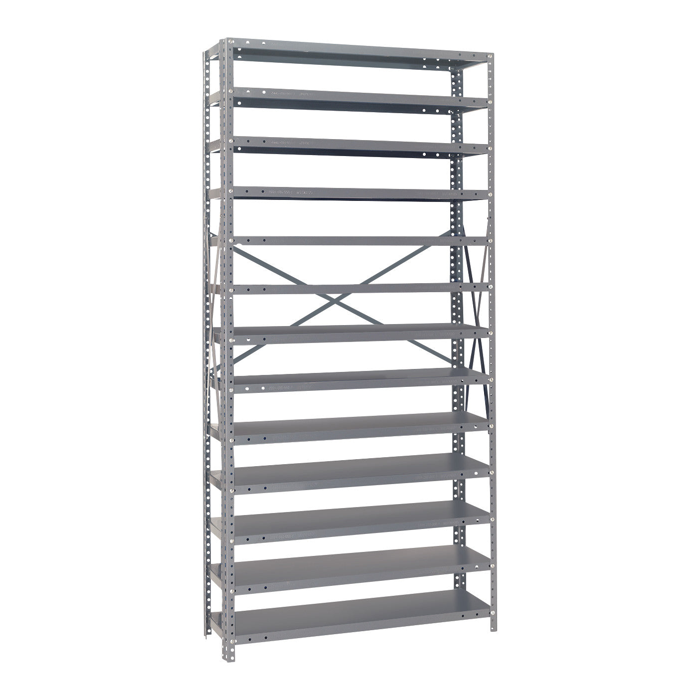 Quantum Economical Shelving Unit with ten adjustable metal shelves, supported by a sturdy frame with cross braces for stability.