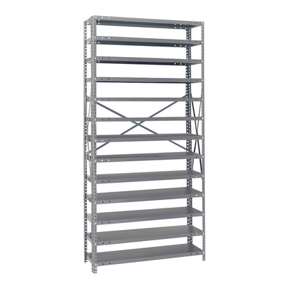 Quantum Economical Shelving Unit with ten adjustable metal shelves, supported by a sturdy frame with cross braces for stability.
