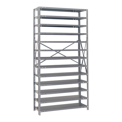 The Quantum Economical Shelving Unit is a tall, metal shelving rack with multiple adjustable shelves and a cross-braced back.