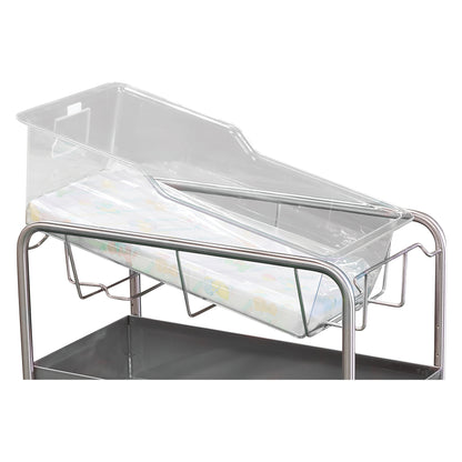 Novum Medical Bassinet Basket with a clear plastic top on a metal frame, featuring a padded mattress inside.