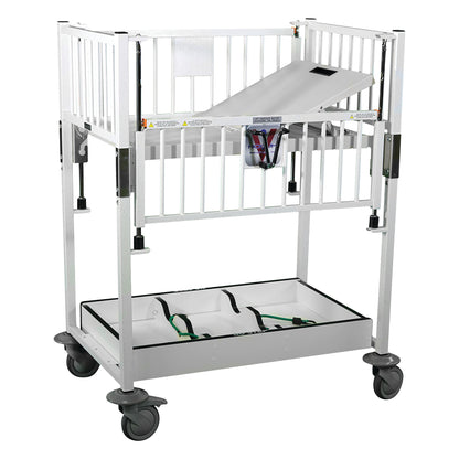 Novum Medical Neonatal Cribette with adjustable white metal frame, side rails, and lockable wheels, featuring an incline board.