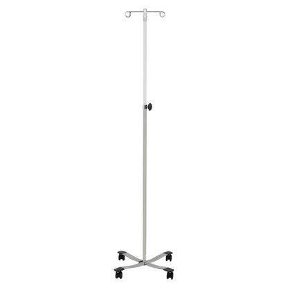 Blickman Four-Leg Chrome IV Stand with Heavyweight Base featuring a central pole, two hooks at the top, and four caster wheels for mobility.