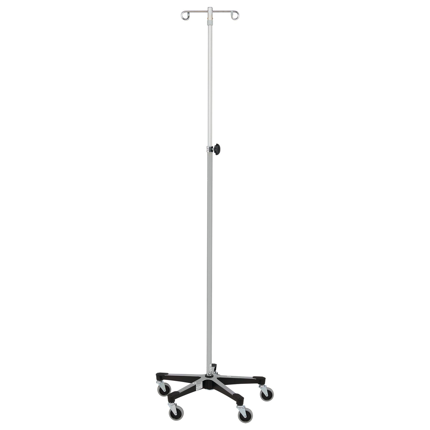 Blickman Five-Leg Stainless Steel IV Stand with Tru-Loc features a height-adjustable pole and five caster wheels for mobility.