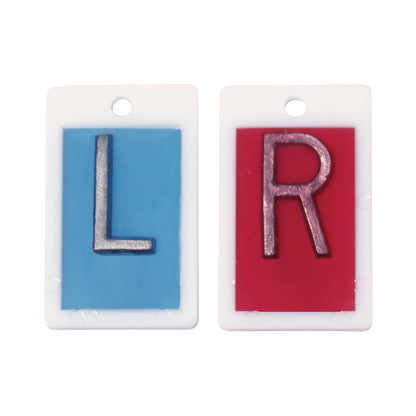 Plastic Left/Right X-Ray Marker Set, featuring a blue marker with "L" and a red marker with "R," each with a hole for hanging.