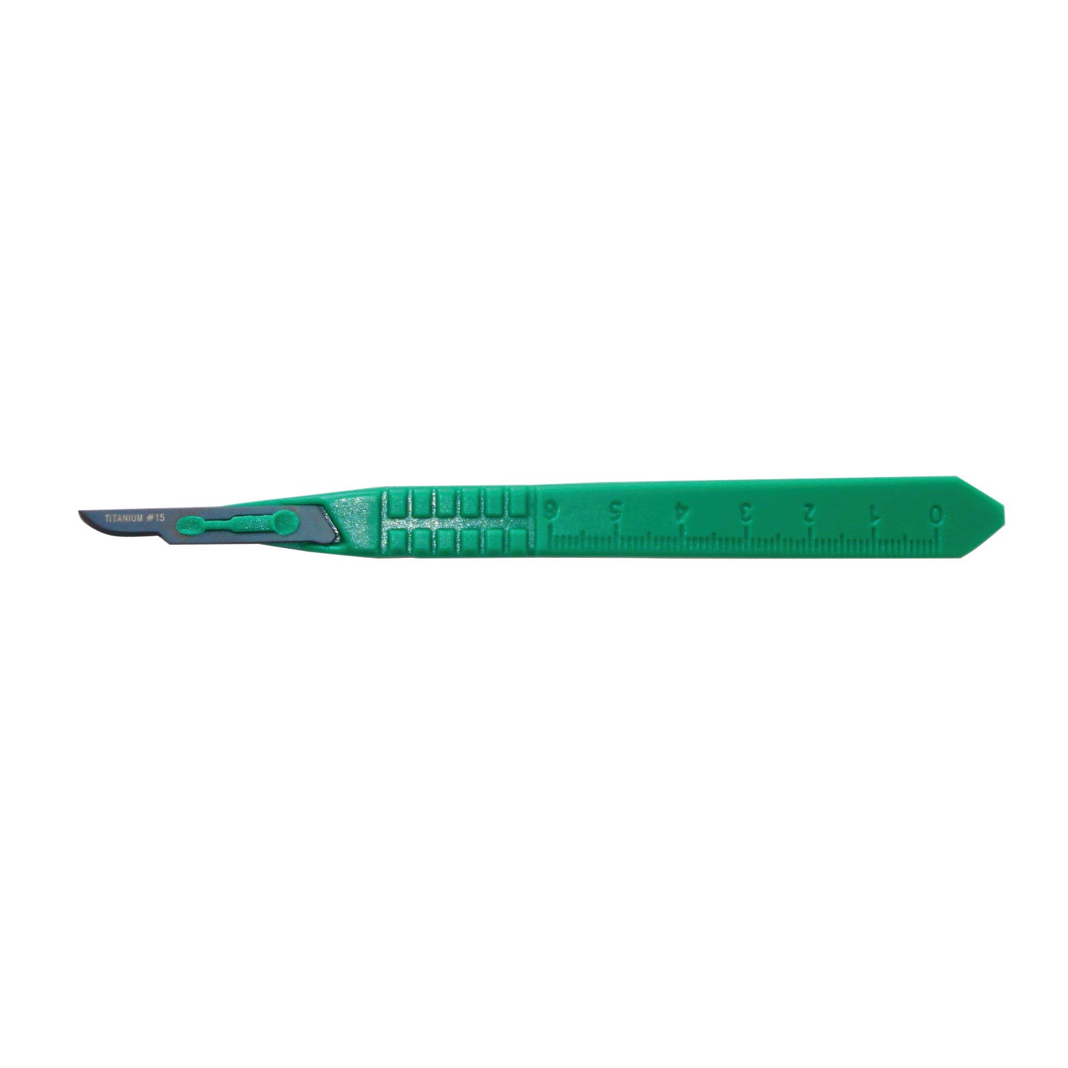 A Disposable Titanium Scalpel with a green handle and attached blade, featuring measurement markings along the handle.