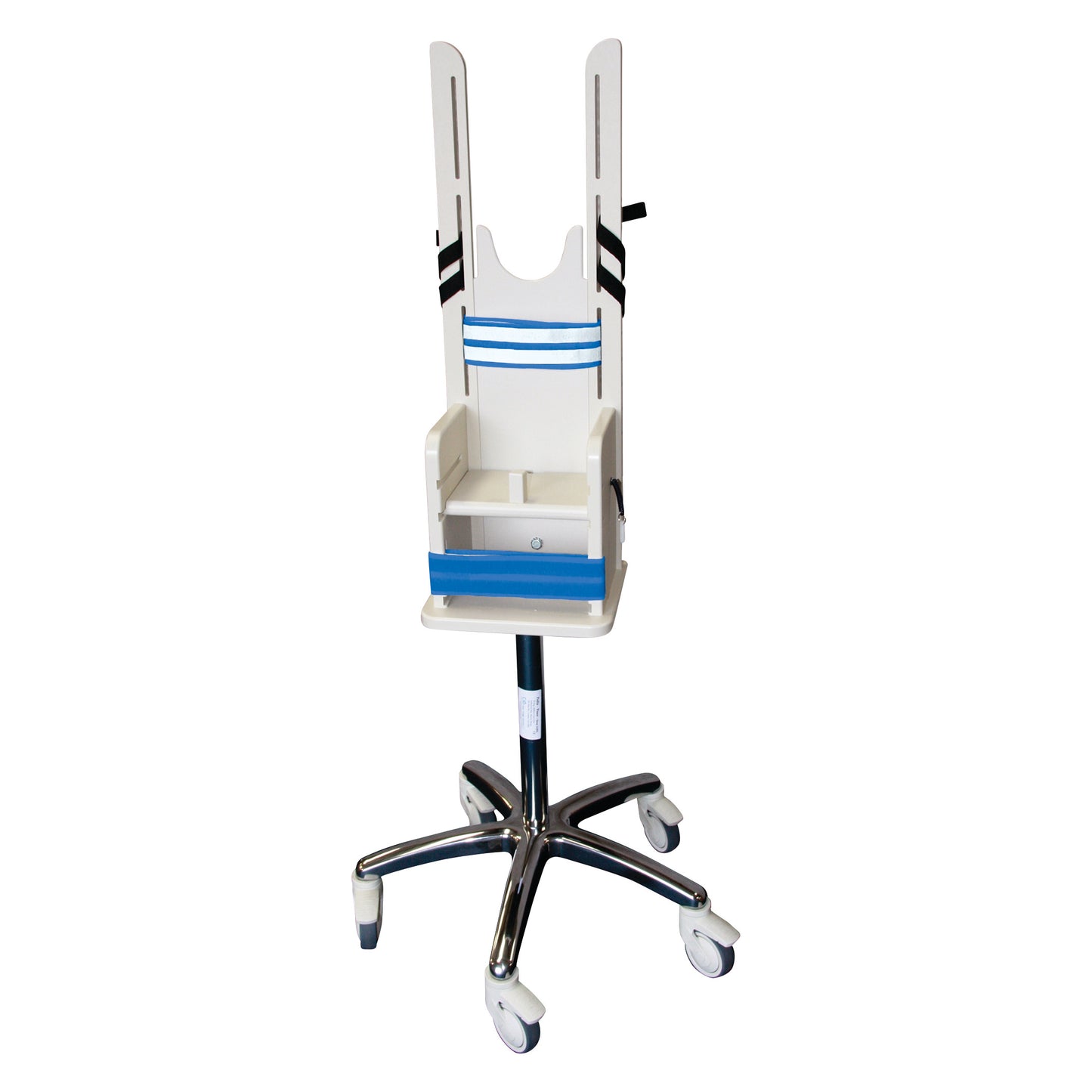 The Pedia Poser is a child positioning chair with adjustable straps on a wheeled base designed for medical examinations.